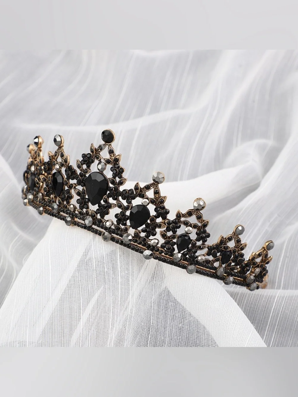 Black Crystal Floral Tiara Headpiece - Women Accessories